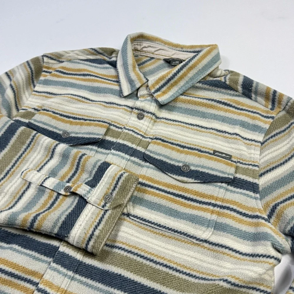 Eddie Bauer Shirt Jacket Mens 2XL Striped Fleece Button Front Lined‎ Collared